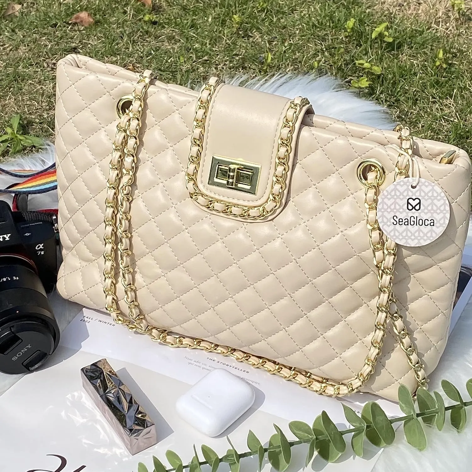 11.8"/13.4" Women Quilted Double Strap Large Tote Bag Shoulder Bag Hobo Tote Handbag2 Sizes Available