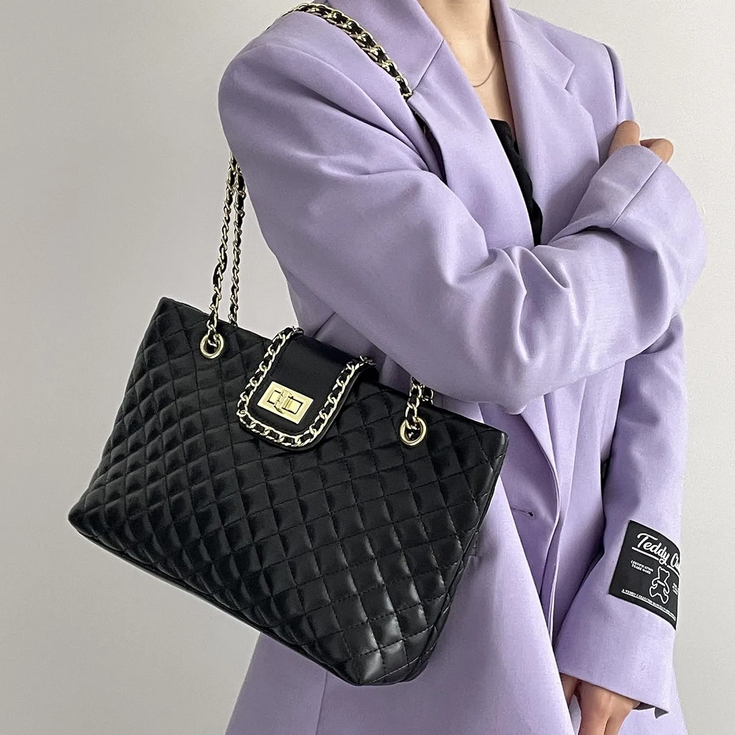 11.8"/13.4" Women Quilted Double Strap Large Tote Bag Shoulder Bag Hobo Tote Handbag2 Sizes Available