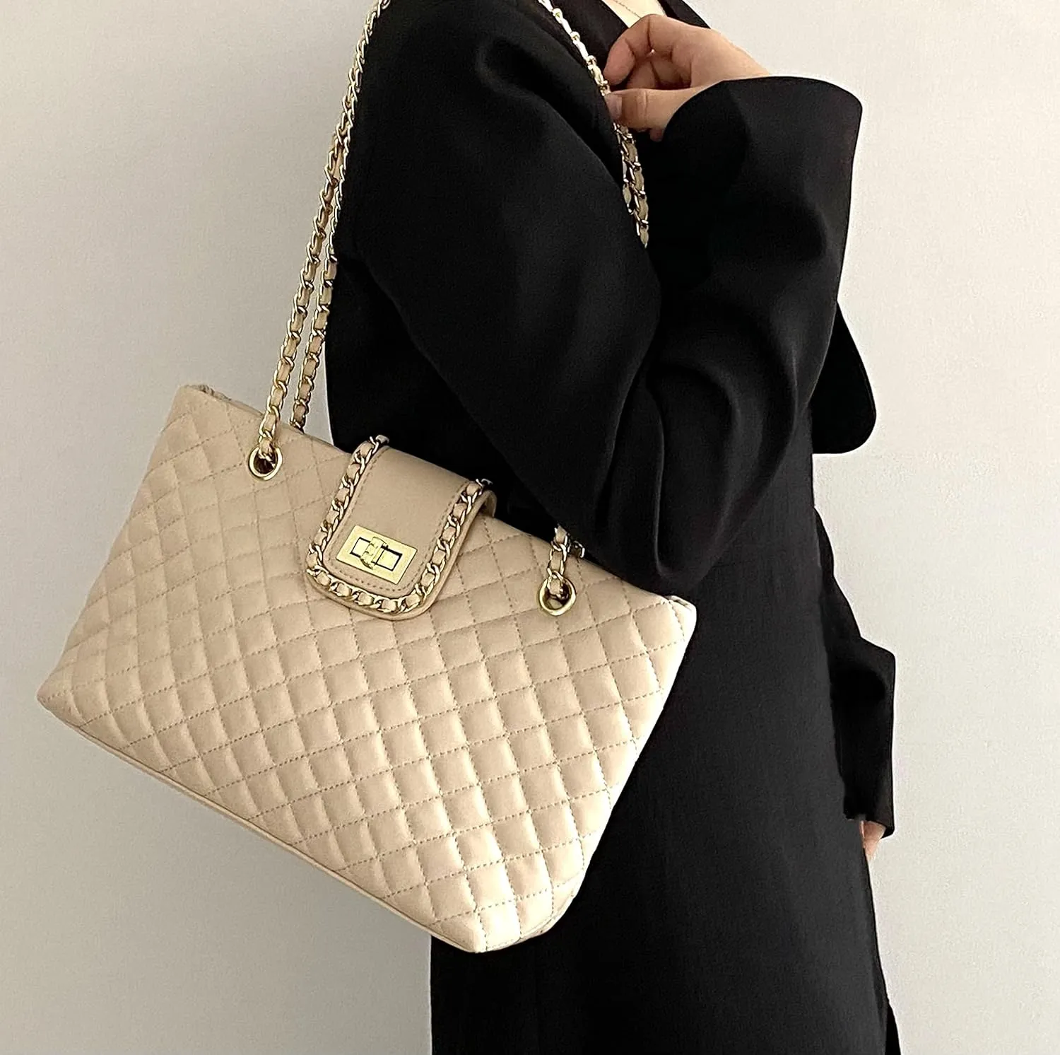 11.8"/13.4" Women Quilted Double Strap Large Tote Bag Shoulder Bag Hobo Tote Handbag2 Sizes Available