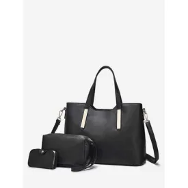 3 Pieces Minimalist Solid PU Leather Tote Bag Set - Black