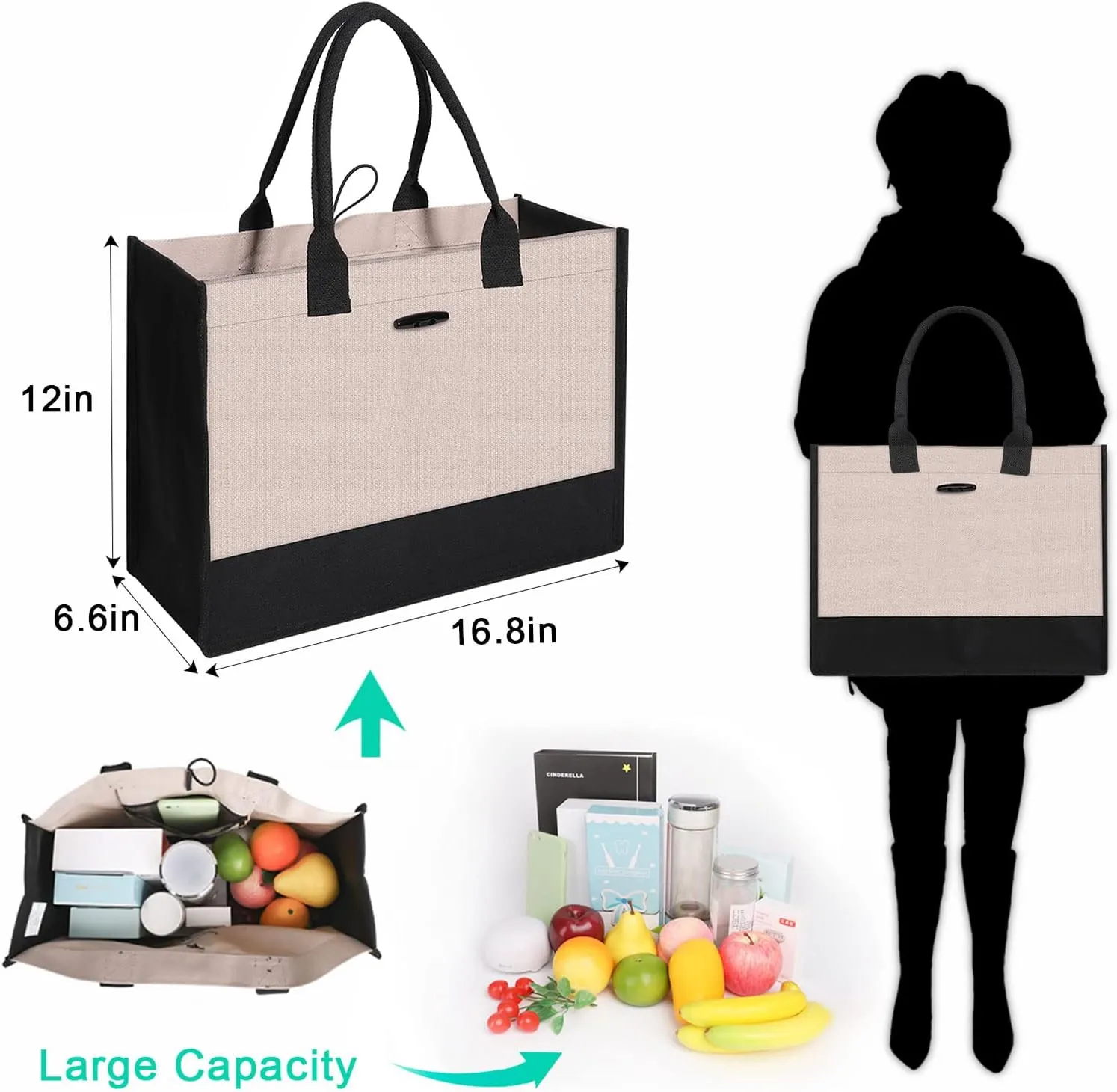 Aricsen Large Canvas Shopping Tote Bag with Handles for Women Gift Grocery Beach Holidays, Reusable Blank Clearance Eco Burlap Cloth Jute Fabric Handbag for Kitchen, Black & Gray