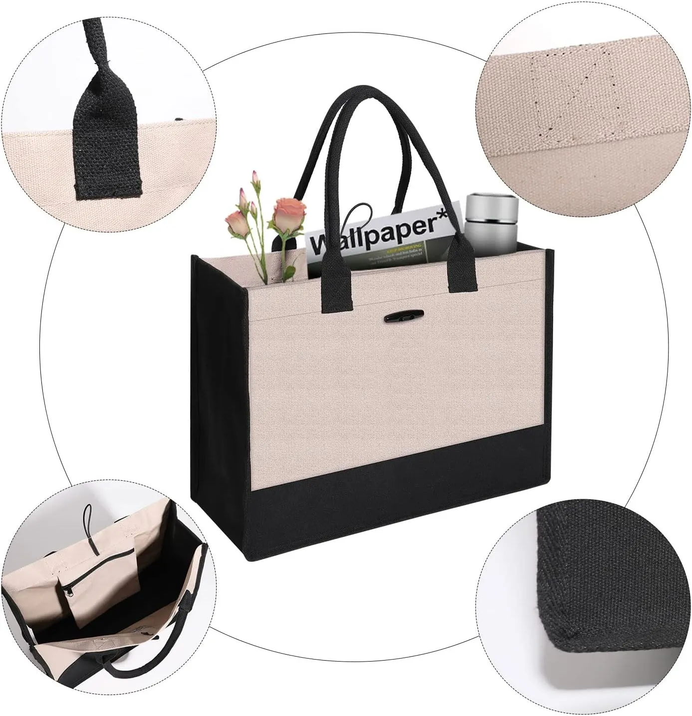 Aricsen Large Canvas Shopping Tote Bag with Handles for Women Gift Grocery Beach Holidays, Reusable Blank Clearance Eco Burlap Cloth Jute Fabric Handbag for Kitchen, Black & Gray