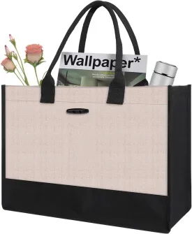 Aricsen Large Canvas Shopping Tote Bag with Handles for Women Gift Grocery Beach Holidays, Reusable Blank Clearance Eco Burlap Cloth Jute Fabric Handbag for Kitchen, Black & Gray