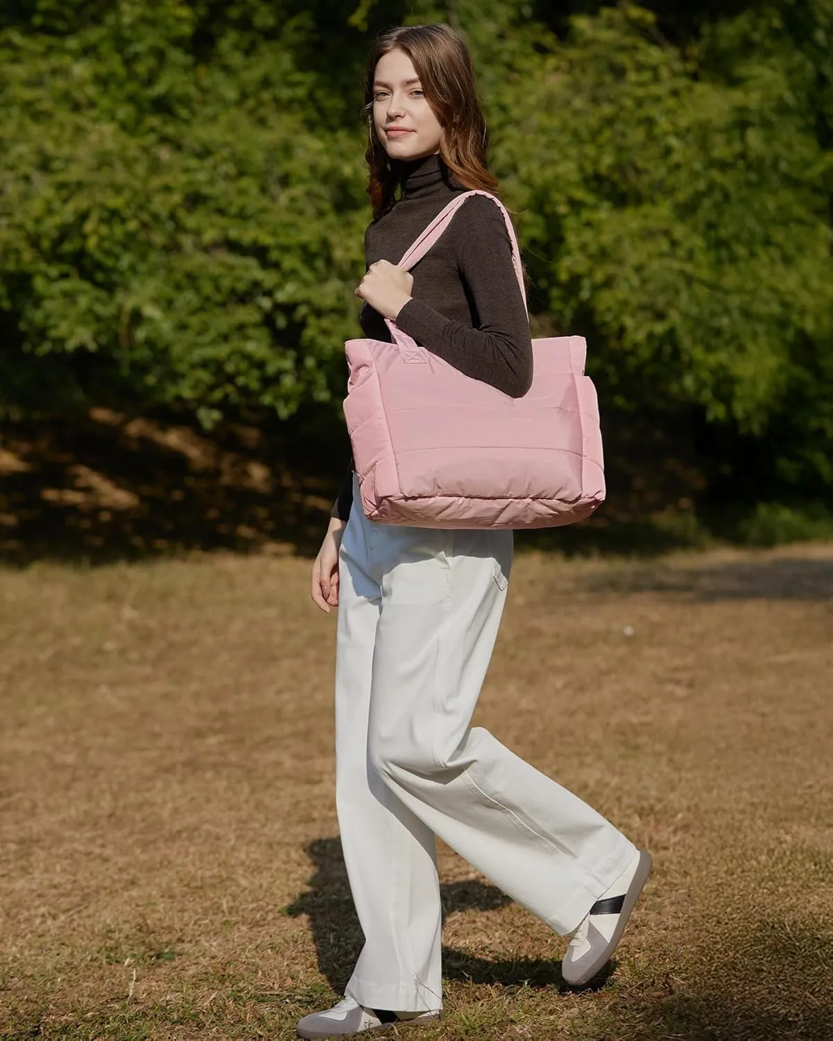 BAGSMART Tote Bag for Women, Lightweight Puffy Tote Bag with Compartments, Quilted Shoulder Bag Handbag for Travel, Work