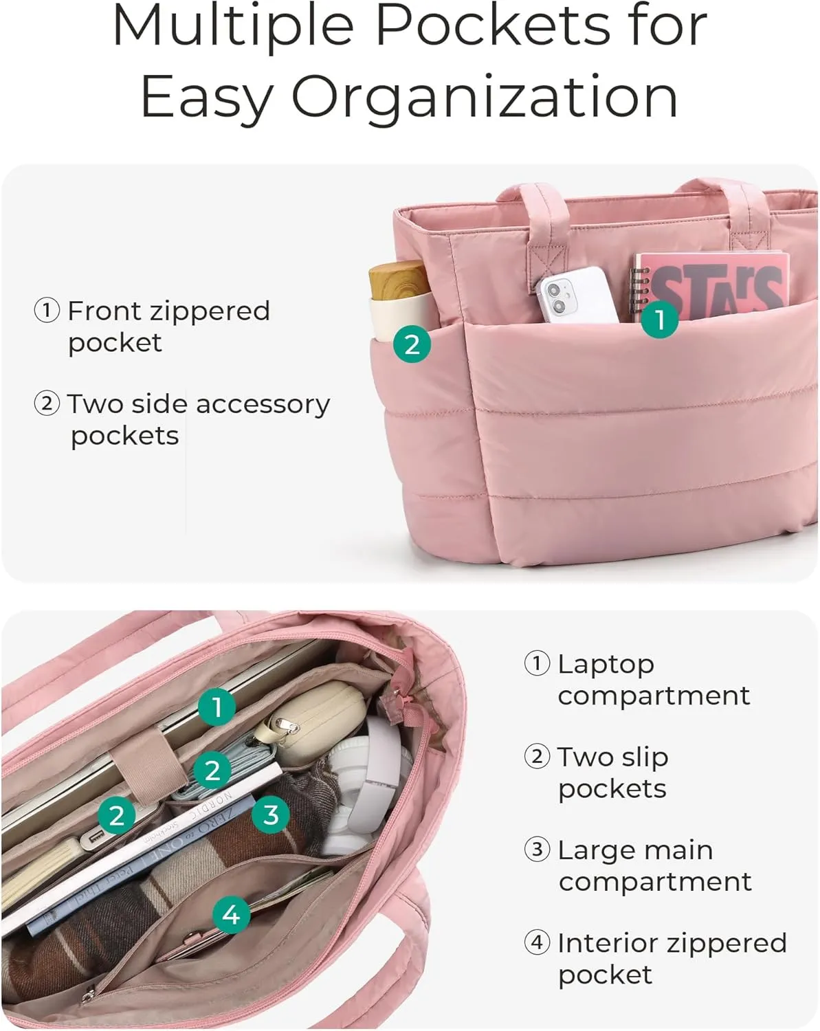 BAGSMART Tote Bag for Women, Lightweight Puffy Tote Bag with Compartments, Quilted Shoulder Bag Handbag for Travel, Work