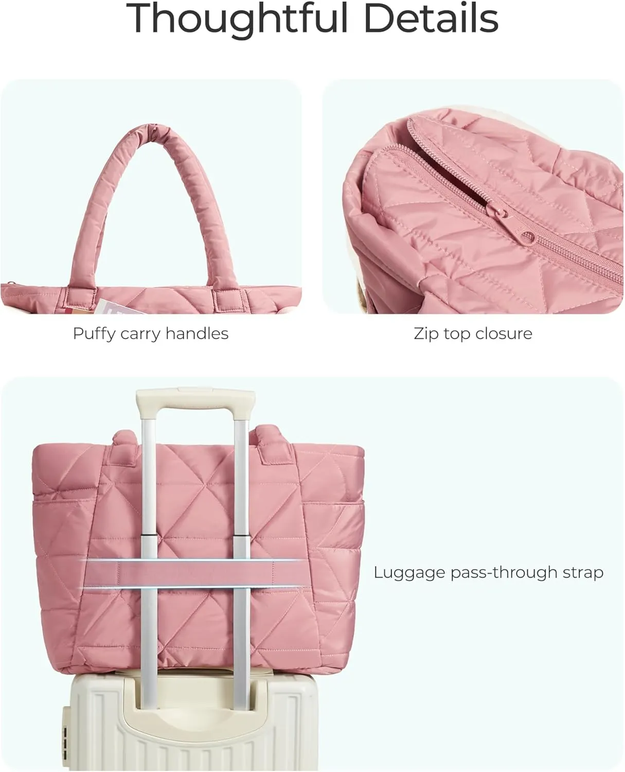 BAGSMART Tote Bag for Women, Puffy Tote Bag with Zipper, Large Quilted Shoulder Bag with Compartments for Travel, Work, Gym
