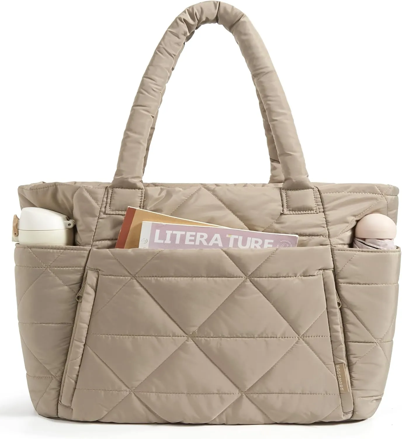 BAGSMART Tote Bag for Women, Puffy Tote Bag with Zipper, Large Quilted Shoulder Bag with Compartments for Travel, Work, Gym