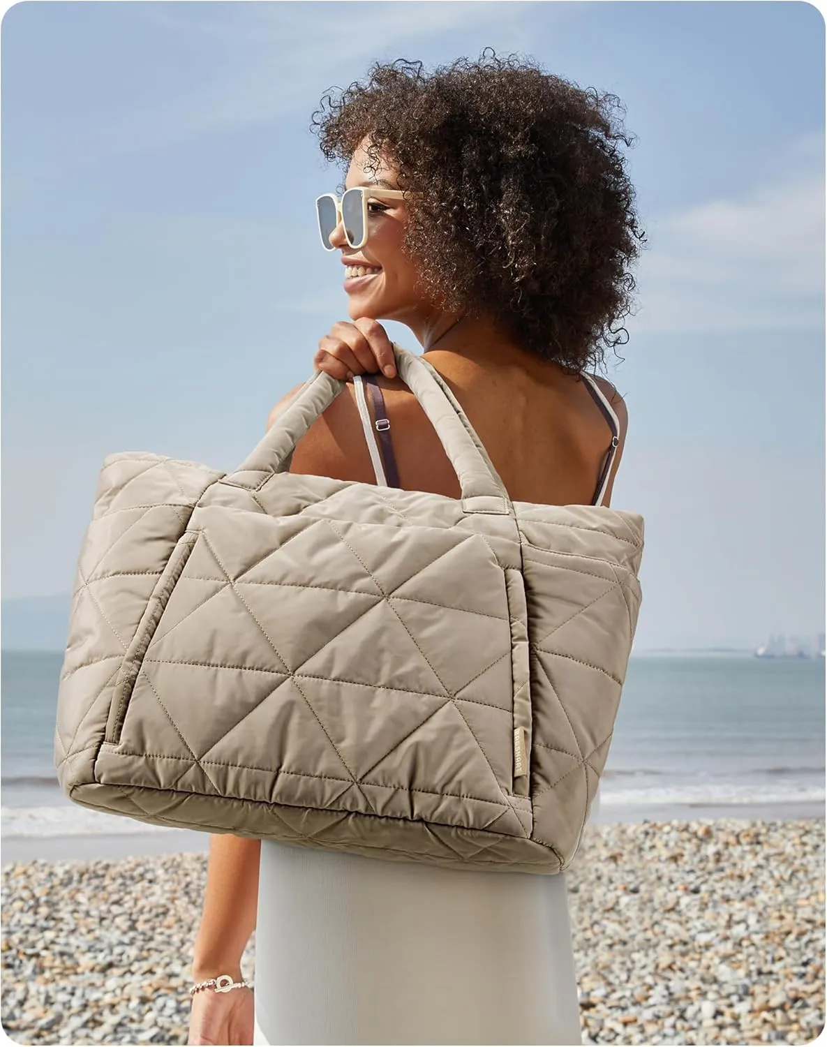 BAGSMART Tote Bag for Women, Puffy Tote Bag with Zipper, Large Quilted Shoulder Bag with Compartments for Travel, Work, Gym