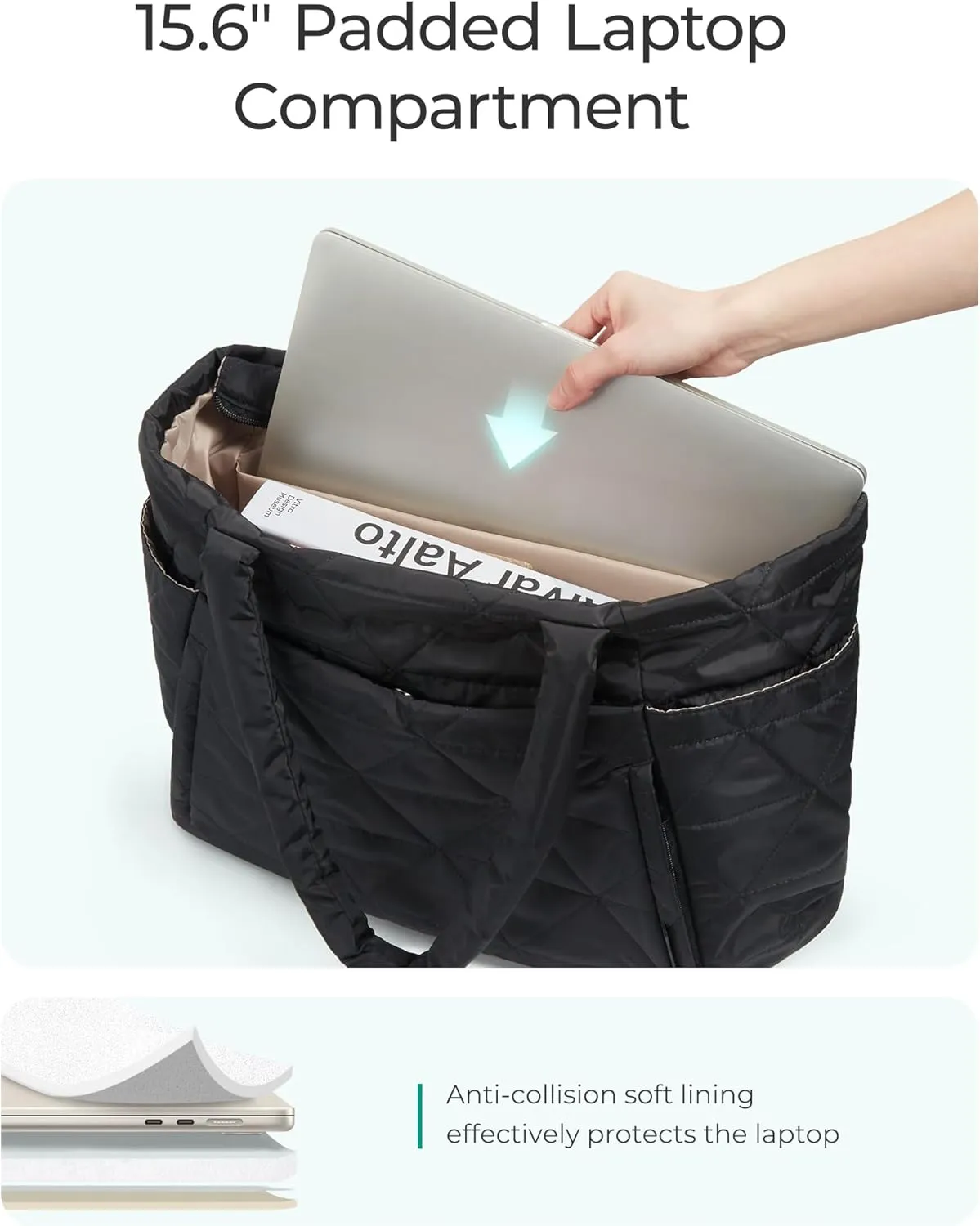 BAGSMART Tote Bag for Women, Puffy Tote Bag with Zipper, Large Quilted Shoulder Bag with Compartments for Travel, Work, Gym