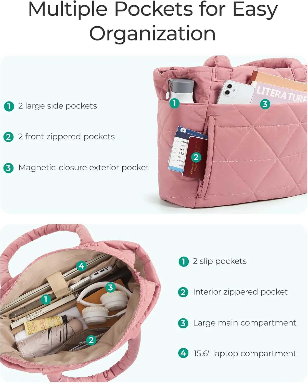 BAGSMART Tote Bag for Women, Puffy Tote Bag with Zipper, Large Quilted Shoulder Bag with Compartments for Travel, Work, Gym