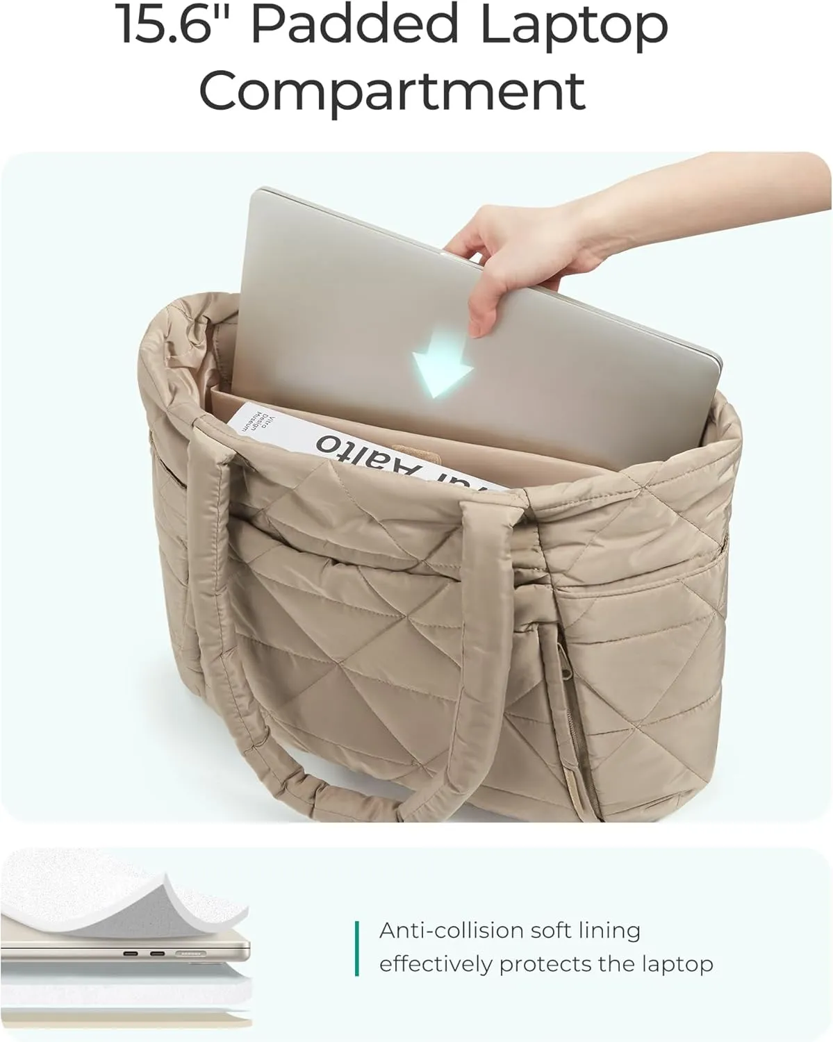 BAGSMART Tote Bag for Women, Puffy Tote Bag with Zipper, Large Quilted Shoulder Bag with Compartments for Travel, Work, Gym