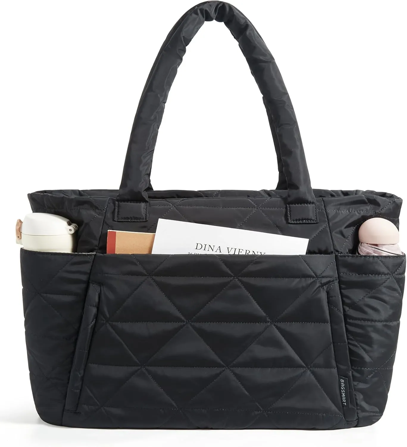 BAGSMART Tote Bag for Women, Puffy Tote Bag with Zipper, Large Quilted Shoulder Bag with Compartments for Travel, Work, Gym