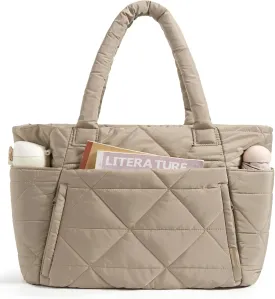 BAGSMART Tote Bag for Women, Puffy Tote Bag with Zipper, Large Quilted Shoulder Bag with Compartments for Travel, Work, Gym