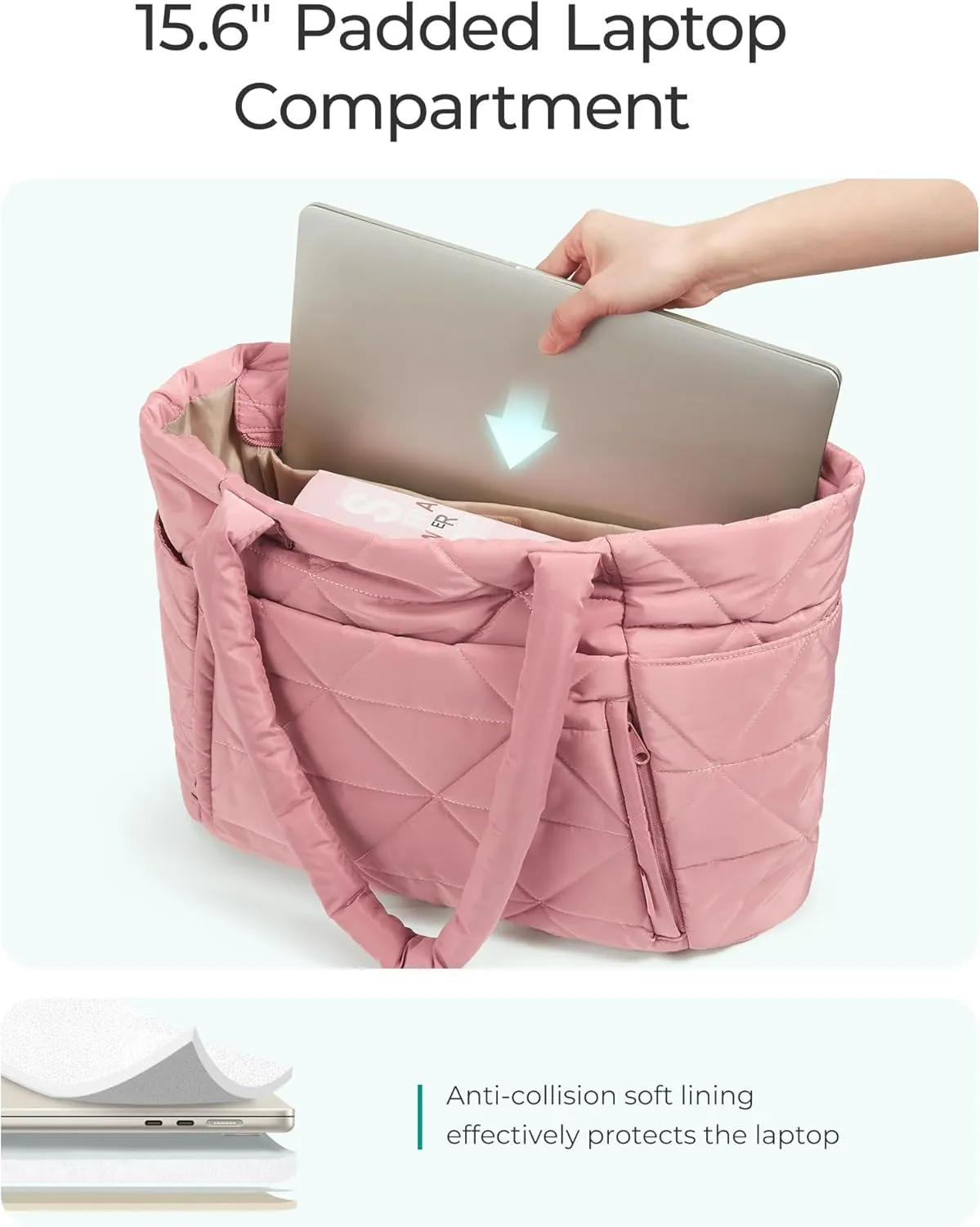 BAGSMART Tote Bag for Women, Puffy Tote Bag with Zipper, Large Quilted Shoulder Bag with Compartments for Travel, Work, Gym