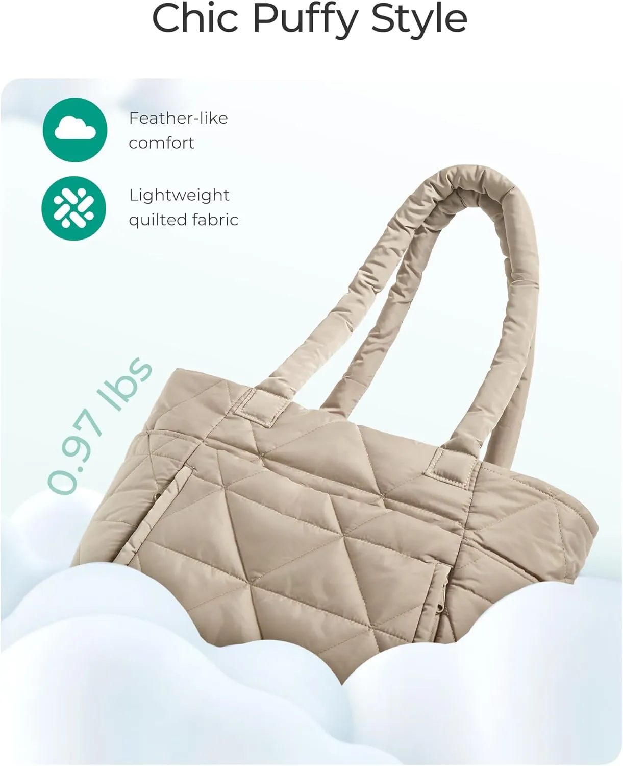 BAGSMART Tote Bag for Women, Puffy Tote Bag with Zipper, Large Quilted Shoulder Bag with Compartments for Travel, Work, Gym