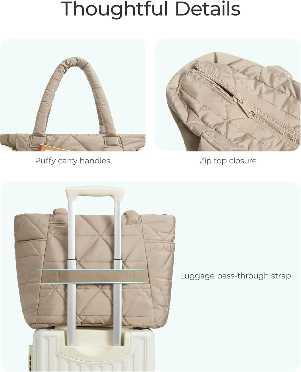 BAGSMART Tote Bag for Women, Puffy Tote Bag with Zipper, Large Quilted Shoulder Bag with Compartments for Travel, Work, Gym