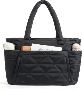 BAGSMART Tote Bag for Women, Puffy Tote Bag with Zipper, Large Quilted Shoulder Bag with Compartments for Travel, Work, Gym