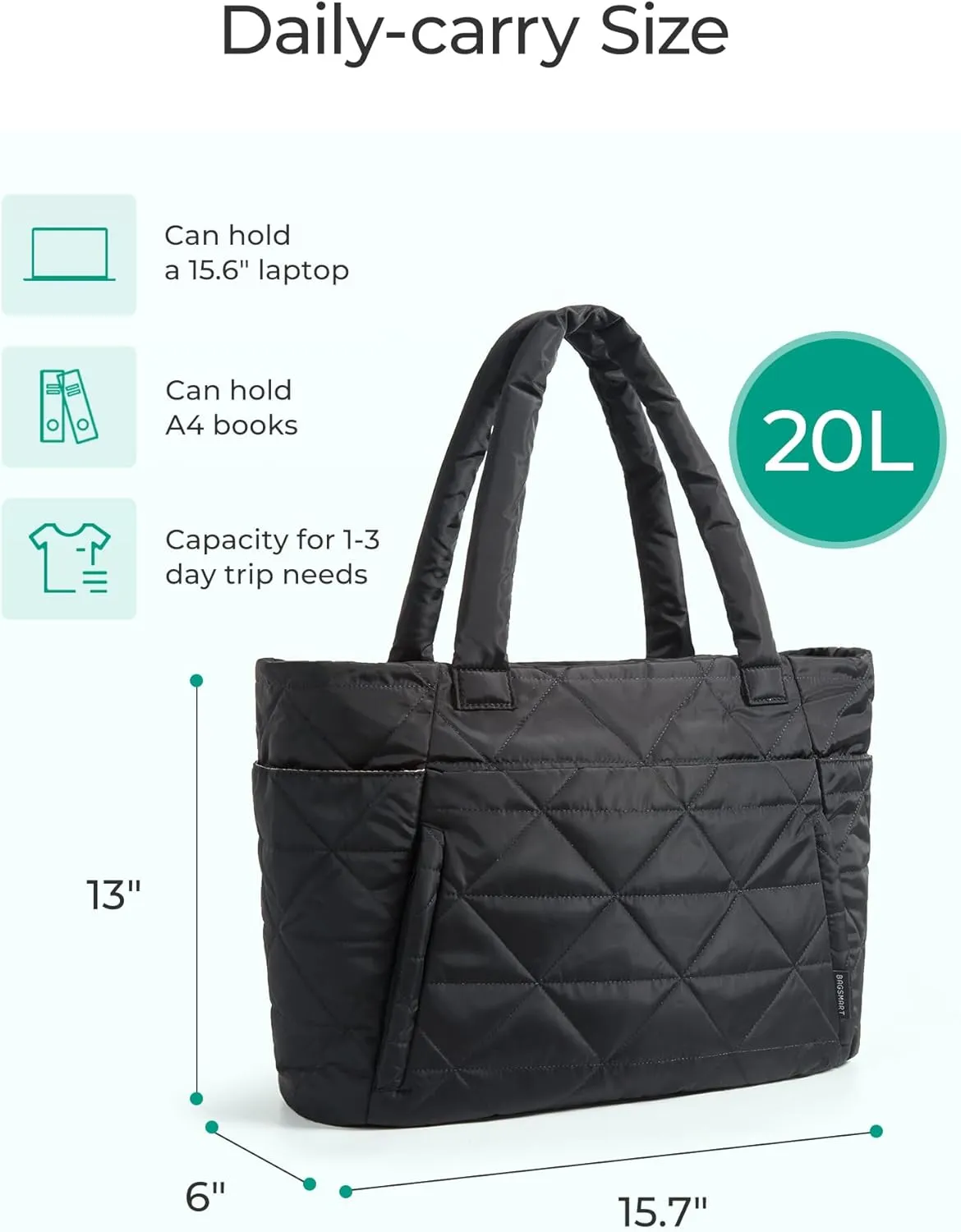 BAGSMART Tote Bag for Women, Puffy Tote Bag with Zipper, Large Quilted Shoulder Bag with Compartments for Travel, Work, Gym