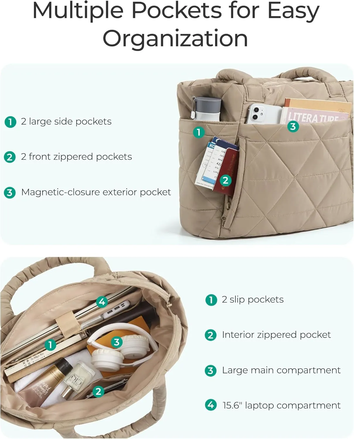 BAGSMART Tote Bag for Women, Puffy Tote Bag with Zipper, Large Quilted Shoulder Bag with Compartments for Travel, Work, Gym