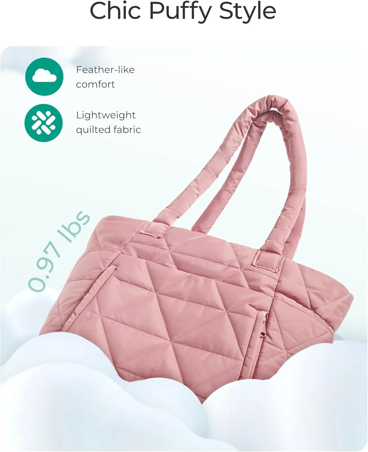 BAGSMART Tote Bag for Women, Puffy Tote Bag with Zipper, Large Quilted Shoulder Bag with Compartments for Travel, Work, Gym