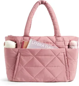 BAGSMART Tote Bag for Women, Puffy Tote Bag with Zipper, Large Quilted Shoulder Bag with Compartments for Travel, Work, Gym