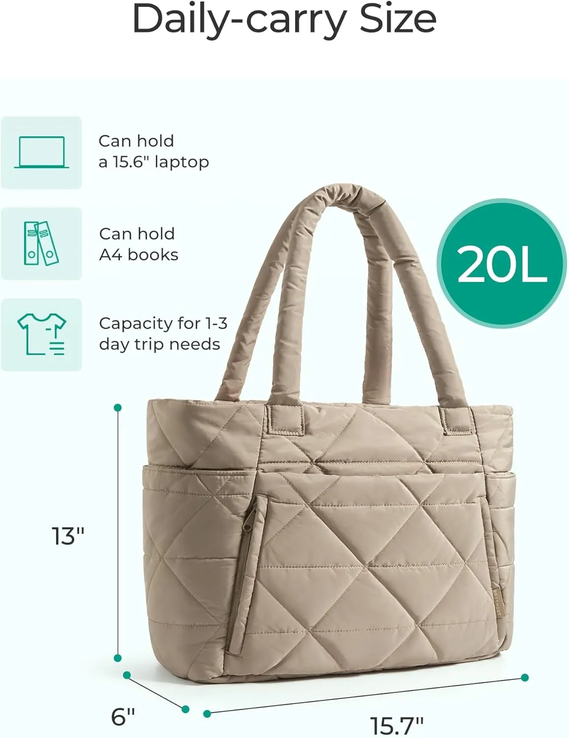 BAGSMART Tote Bag for Women, Puffy Tote Bag with Zipper, Large Quilted Shoulder Bag with Compartments for Travel, Work, Gym