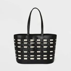 Basket Weave Woven Tote Handbag - Black