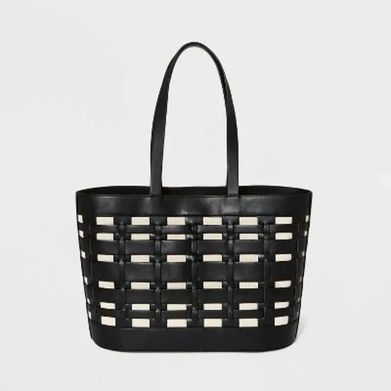 Basket Weave Woven Tote Handbag - Black