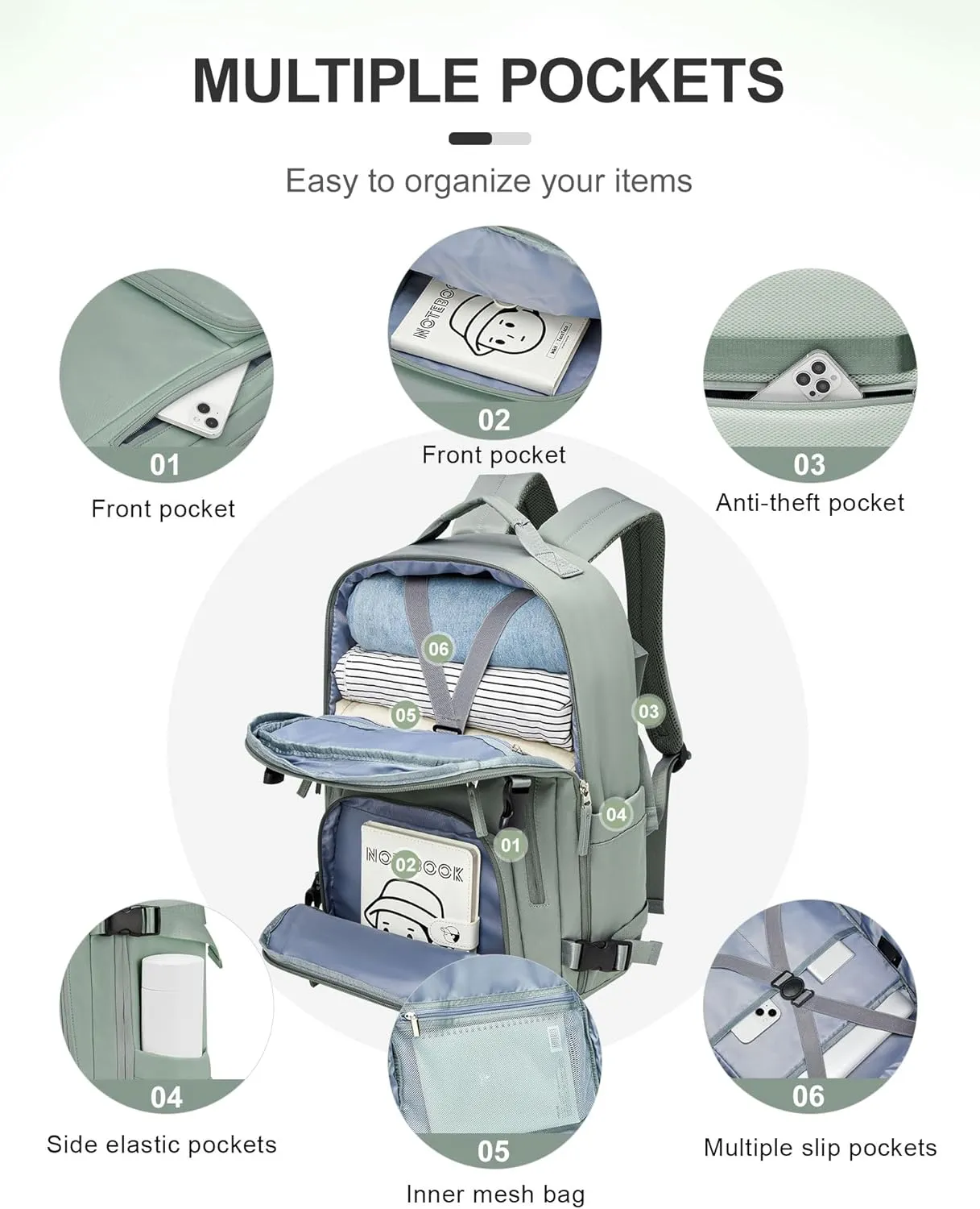 BJLFS Large Travel Backpack for Women Men,Carry On Backpack,Hiking Backpack Waterproof Outdoor Sports Rucksack Casual Daypack Travel Essentialssimple, Army green