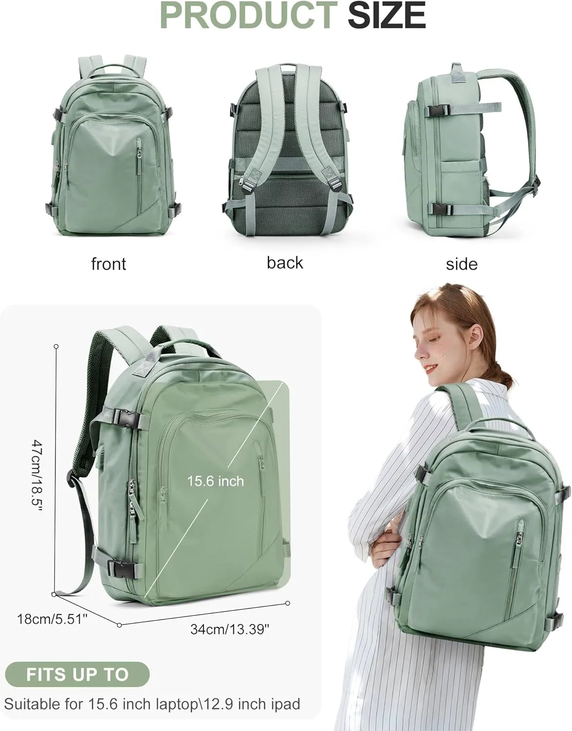 BJLFS Large Travel Backpack for Women Men,Carry On Backpack,Hiking Backpack Waterproof Outdoor Sports Rucksack Casual Work Gym Weekender Daypack Travel Essentialssimple, Army green