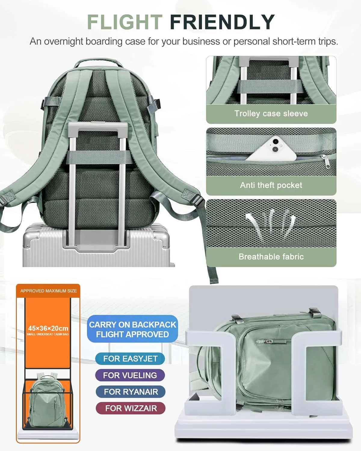 BJLFS Large Travel Backpack for Women Men,Carry On Backpack,Hiking Backpack Waterproof Outdoor Sports Rucksack Casual Work Gym Weekender Daypack Travel Essentialssimple, Army green