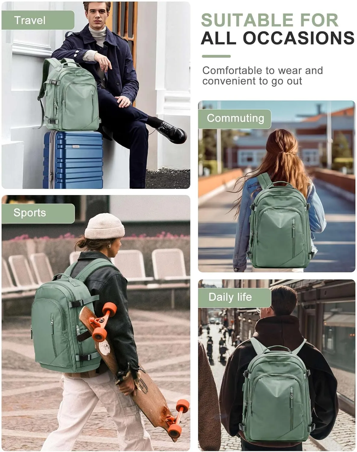 BJLFS Large Travel Backpack for Women Men,Carry On Backpack,Hiking Backpack Waterproof Outdoor Sports Rucksack Casual Work Gym Weekender Daypack Travel Essentialssimple, Army green