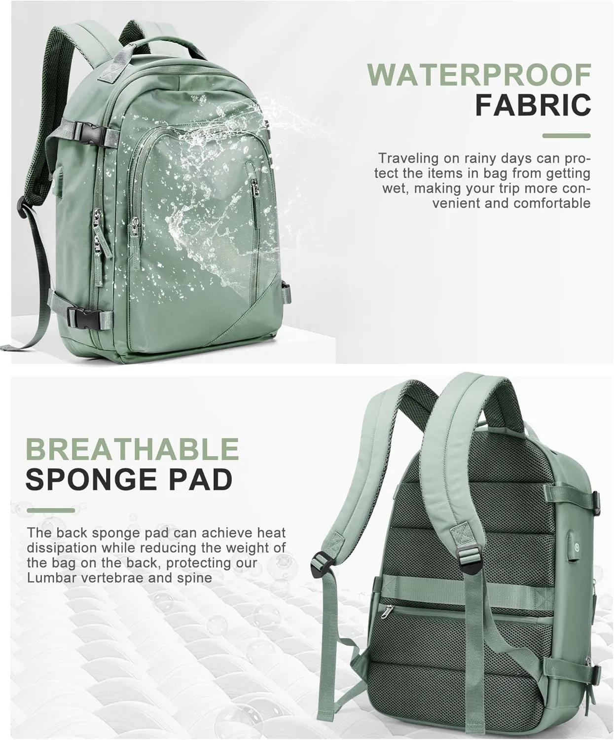 BJLFS Large Travel Backpack for Women Men,Carry On Backpack,Hiking Backpack Waterproof Outdoor Sports Rucksack Casual Work Gym Weekender Daypack Travel Essentialssimple, Army green