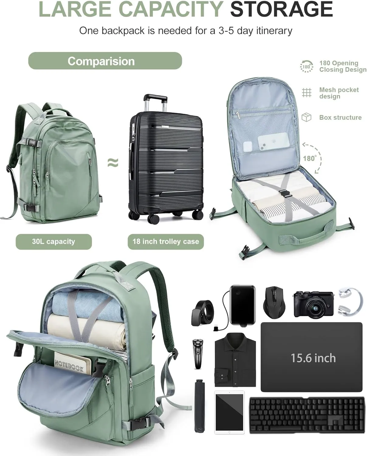 BJLFS Large Travel Backpack for Women Men,Carry On Backpack,Hiking Backpack Waterproof Outdoor Sports Rucksack Casual Work Gym Weekender Daypack Travel Essentialssimple, Army green