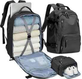 BJLFS Travel Backpack for Women Men, Carry On Backpack with USB Charging Port & Shoe Pouch, TSA 15.6inch, Flight Approved, College Nurse Bag Casual Laptop Daypack for Weekender Business Hiking,Black