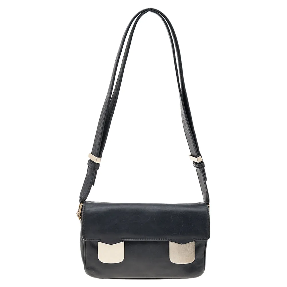 Black Leather Flap Shoulder Bag
