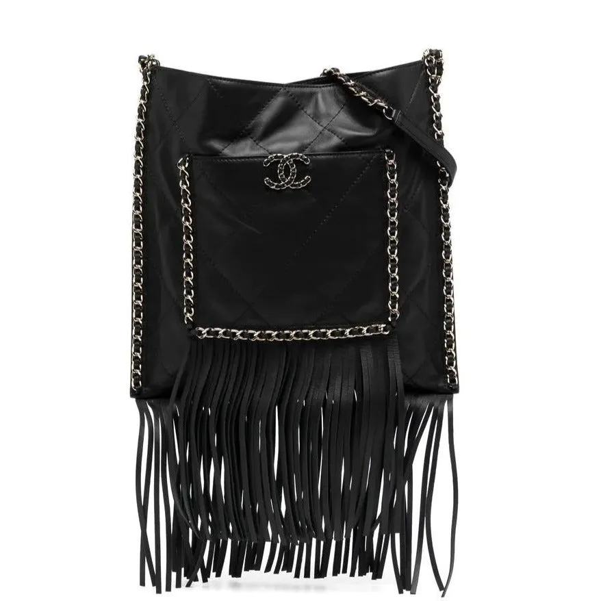 Black Leather Fringe Shopping Bag