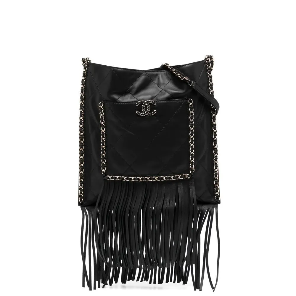 Black Leather Fringe Shopping Bag