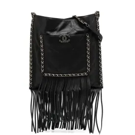 Black Leather Fringe Shopping Bag