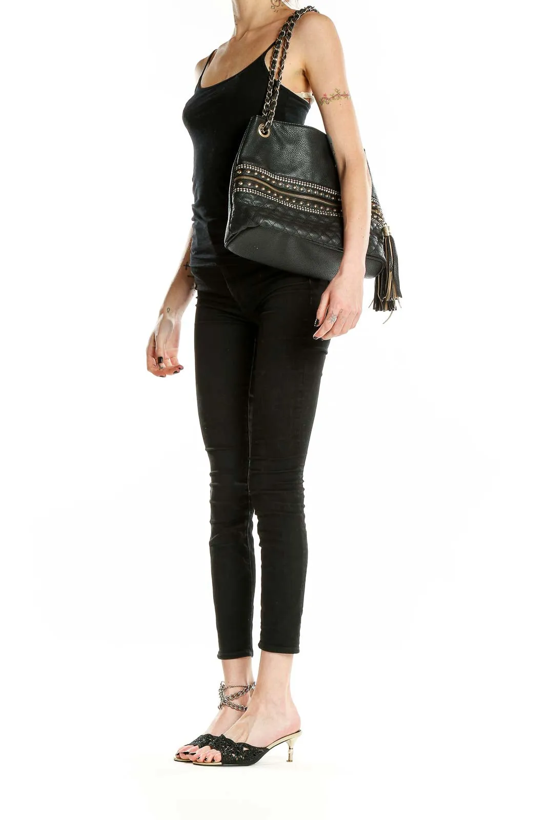 Black Studded Quilted Shoulder Bag