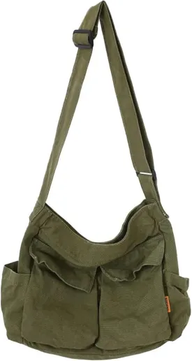 Canvas Messenger Bag Large Hobo Crossbody Bag with Multiple Pockets Casual Shoulder Tote Bag for Women and Men