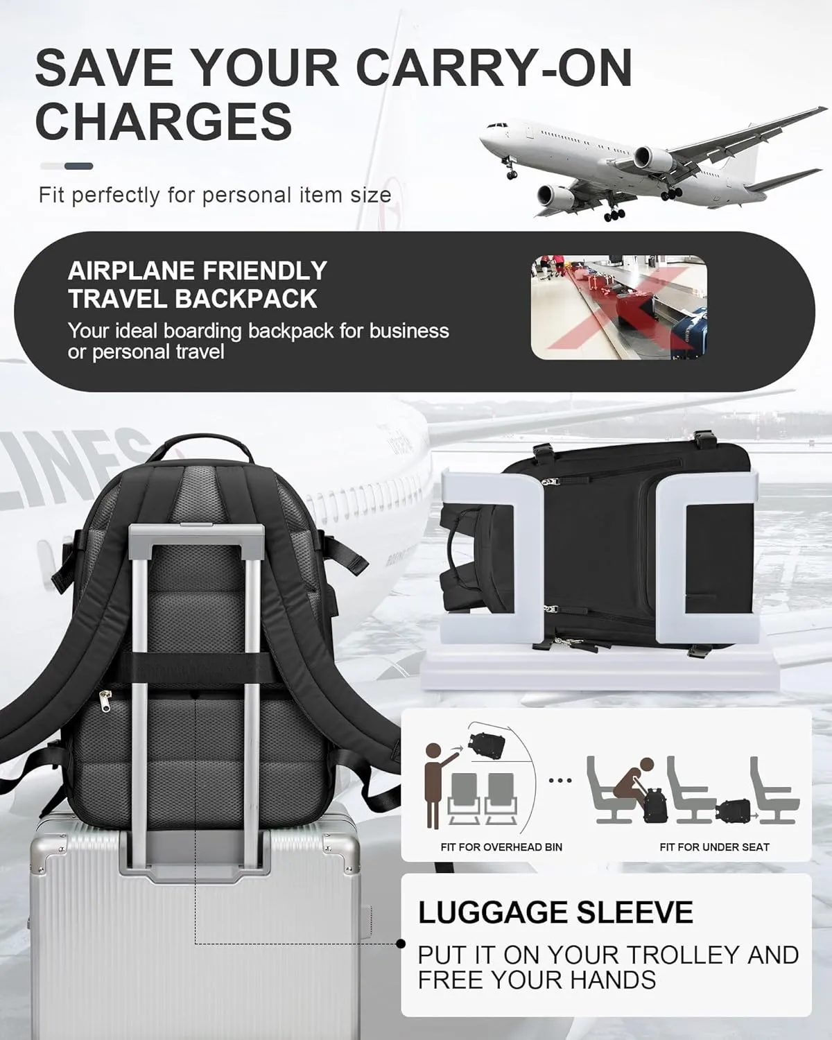 Carry On Backpack, Travel Backpack for Women Men Flight Approved, Personal Item Travel Bag for Airplanes, 14-15.6 Inch Laptop Business Backpack, Casual Daypack Gym Hiking Bakpack(simple, Black)