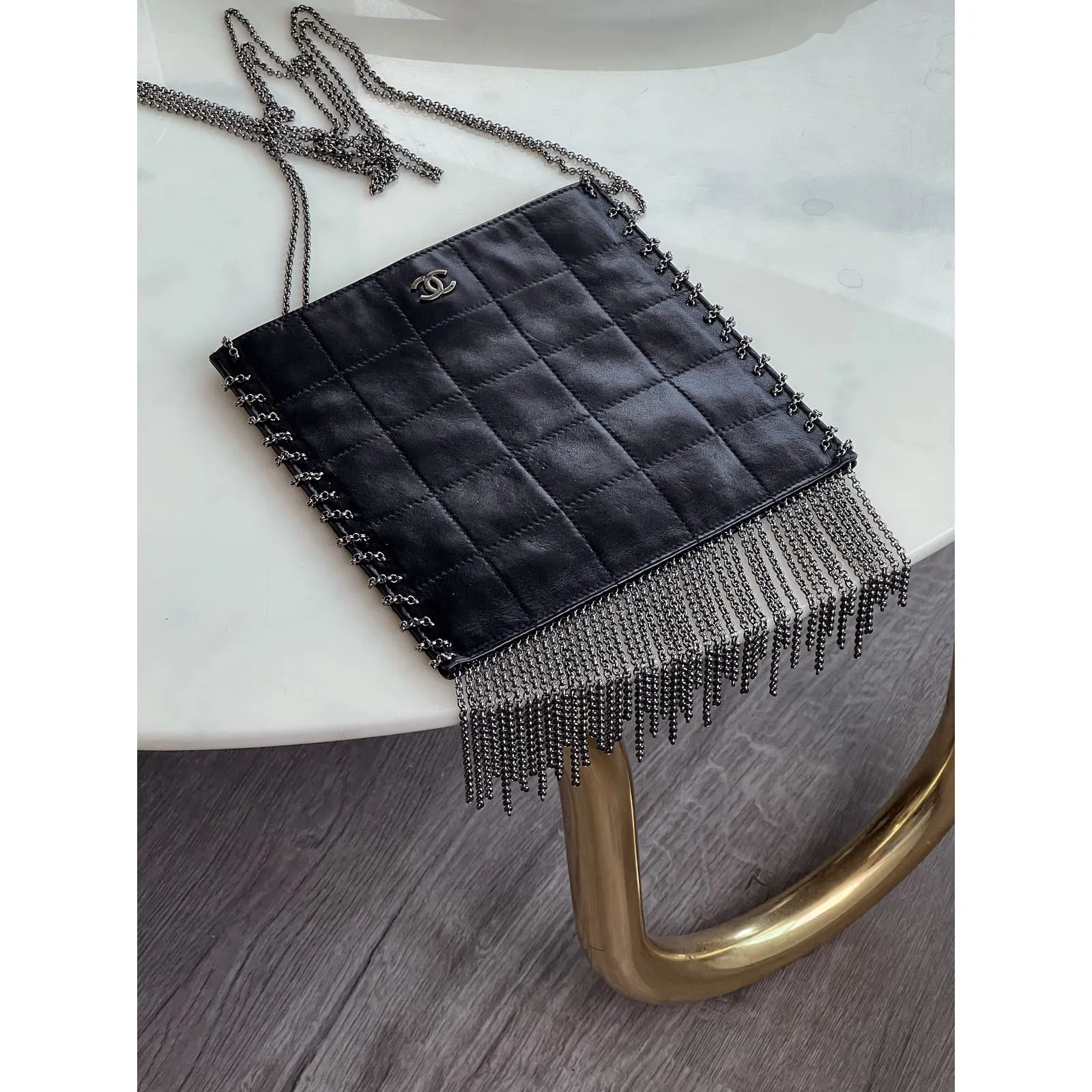 Chanel 2002 Vintage Edgy Punk Fringe Chain Quilted Mini Tote Crossbody Bag