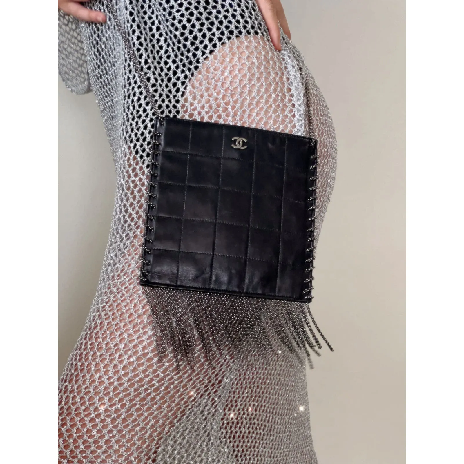 Chanel 2002 Vintage Edgy Punk Fringe Chain Quilted Mini Tote Crossbody Bag