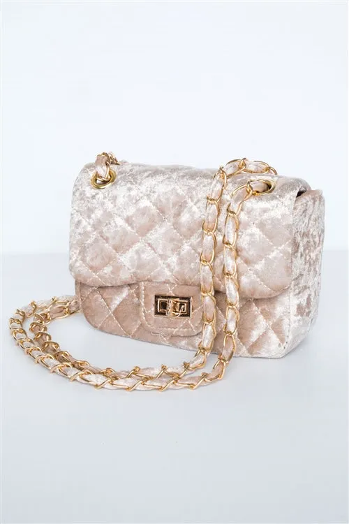 Classic Quilted Velvet Shoulder Bag (Ivory)