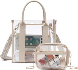 Clear Tote Bag for Stadium Events 2pcs, Clear Purse Stadium Approved Crossbody Bags for Women with Guitar Strap Gold Chain