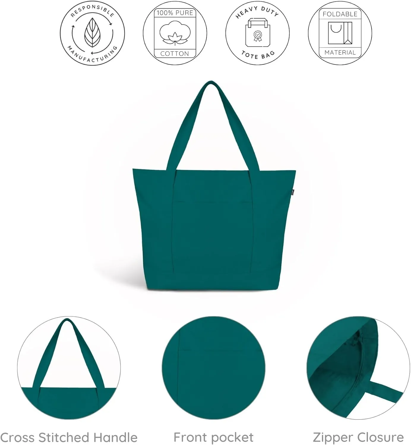 Ecoright Canvas Tote Bag for Women with Zip & Inner Pocket, 100% Organic Cotton Tote Bags for Men, Shopping, Beach
