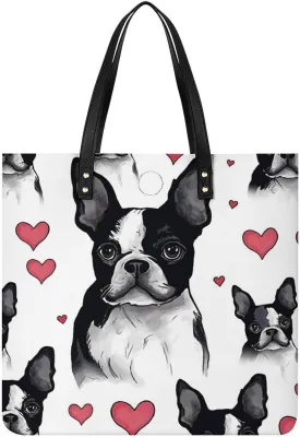 Faux Leather Hangbag for Women,Boston Terrier Red Heart Dog Print Tote Bags,Leather Big Purses And Handbags for Work Dating Travel Shopping