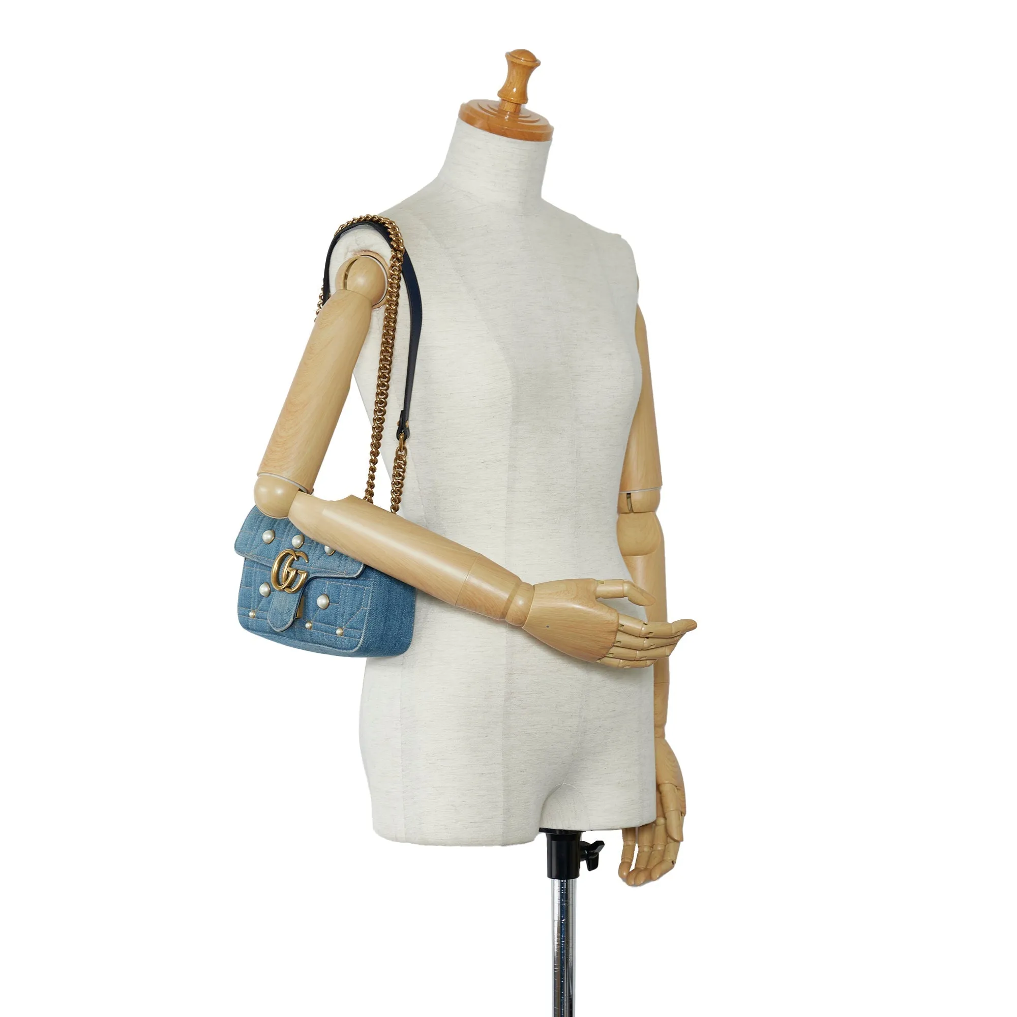 Gucci Pearly GG Marmont Mini Blue Denim Matelassé