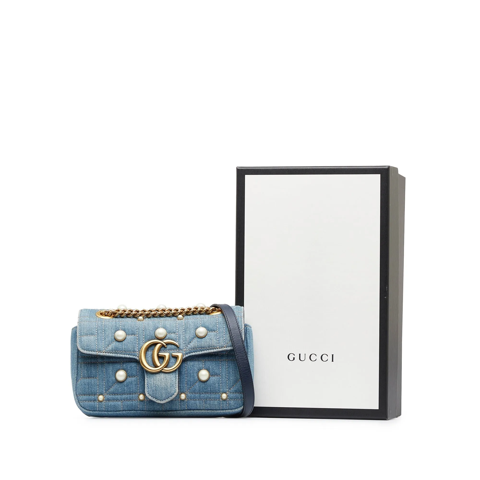 Gucci Pearly GG Marmont Mini Blue Denim Matelassé